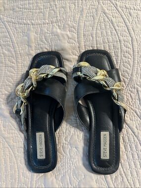 Steve Madden Black Slide Sandals with Gold Chain Detail